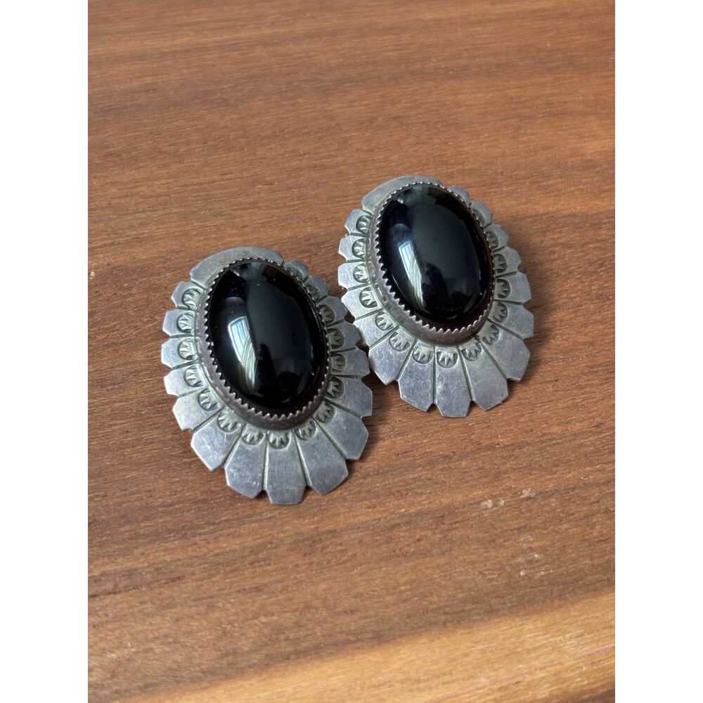 Vintage Sterling and Onyx Cabochon Statement Earrings